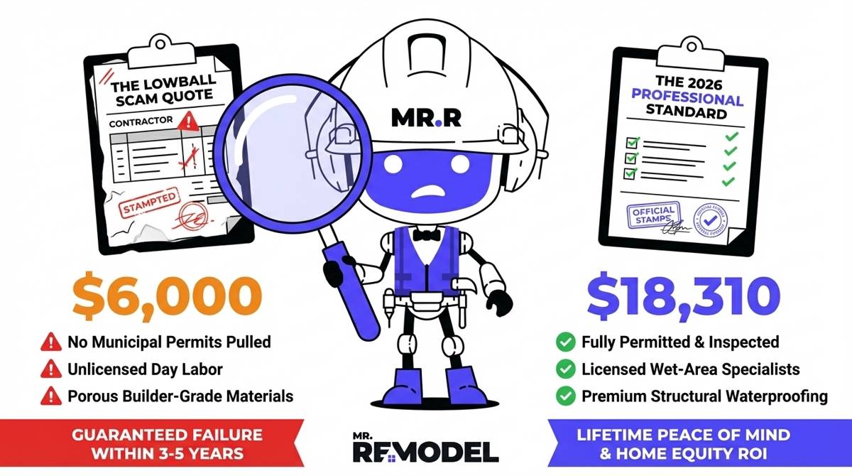 An infographic comparing a fraudulent $6,000 lowball bathroom quote missing permits and licenses to a verified $18,310 premium structural conversion that includes proper compliance and materials.